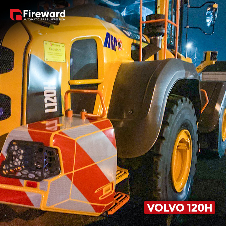 A Volvo 120H Wheel Loader fitted with Fireward's Automatic Fire Suppression System for vehicles.