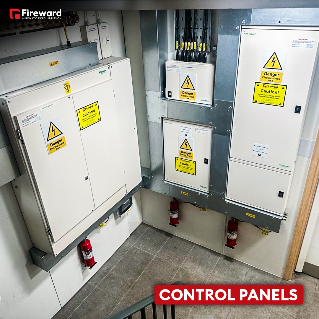 An electrical panel at an EV charging station fitted with Fireward's Clean Agent Automatic Fire Suppression System