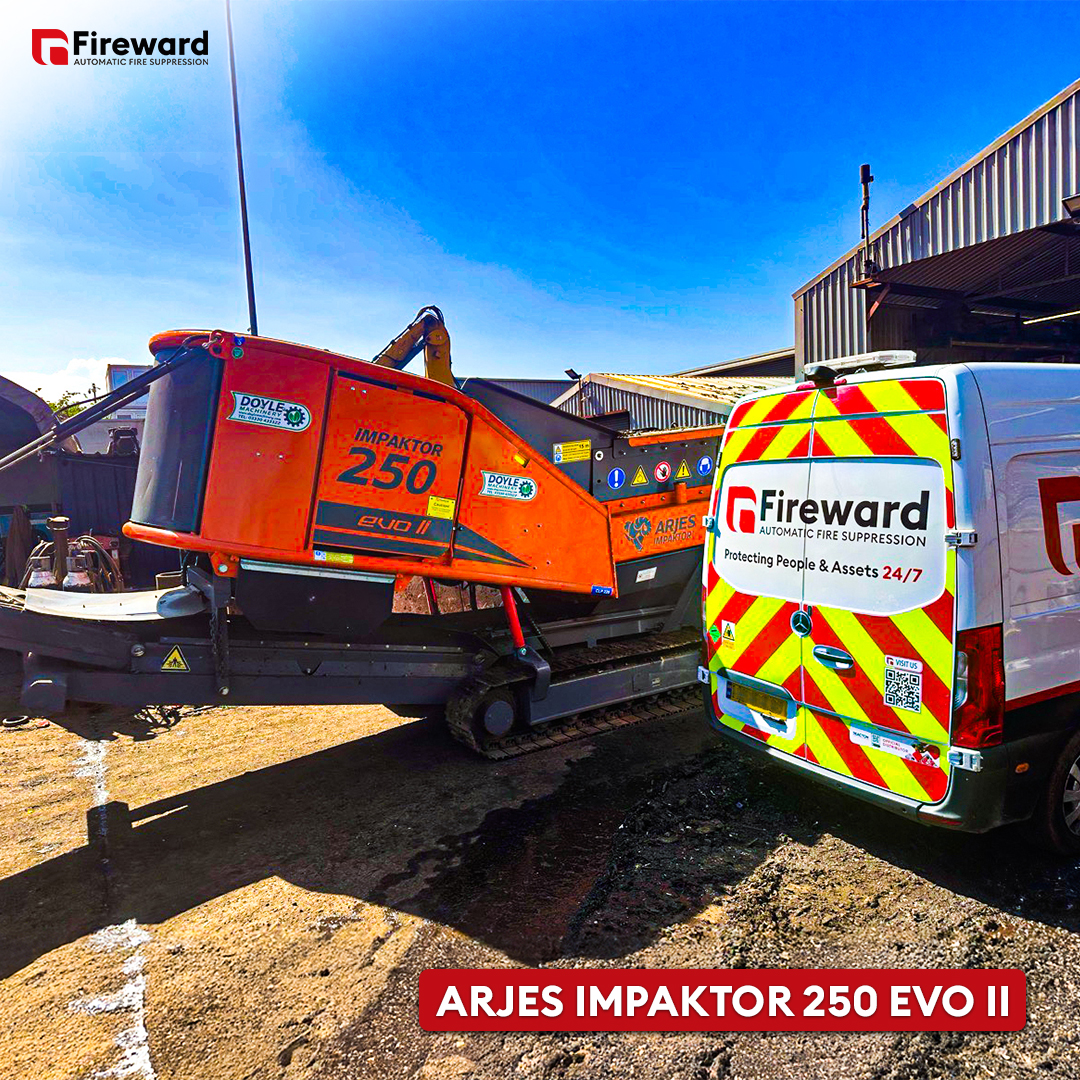 Arjes Impaktor Evo II mobile shredder with an automatic fire suppression system installed
