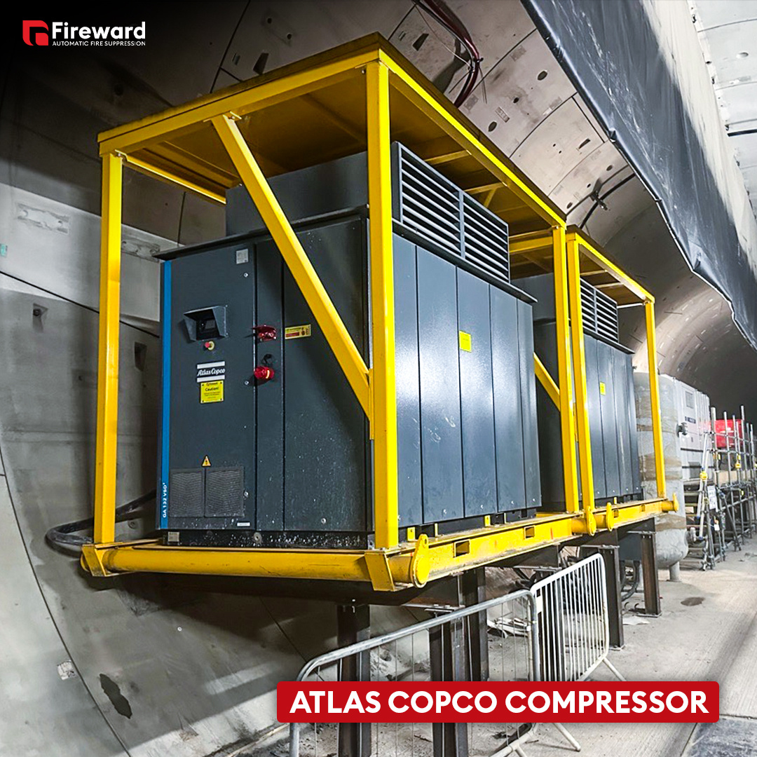 Atlas CopCo Screw Compressor with Fireward fire suppression for static plant protection in tunnelling.
