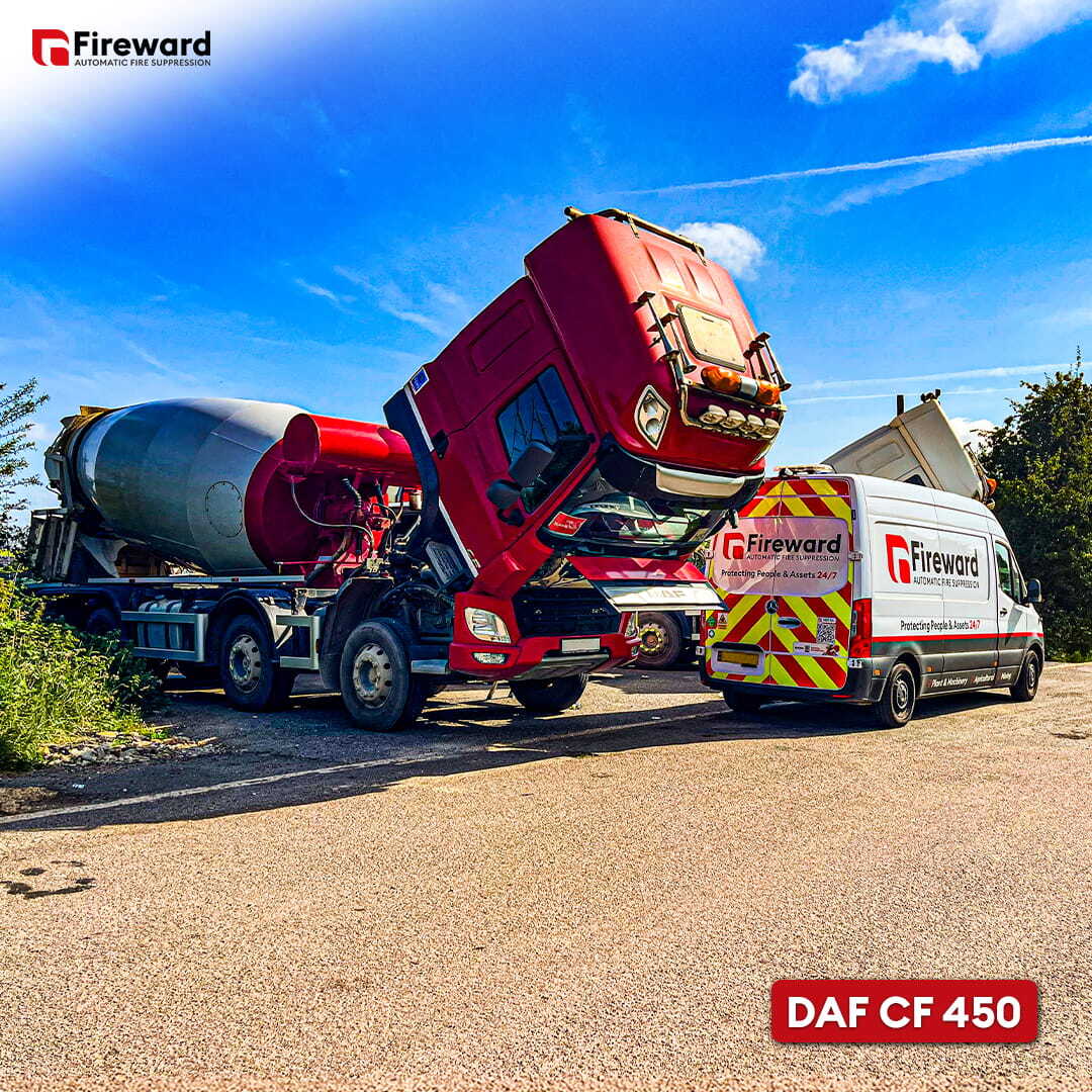DAF CF 450 cement mixer with vehicle fire suppression system