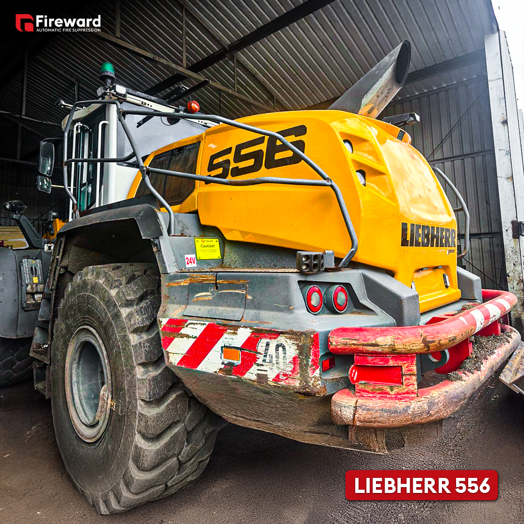 Liebherr 556 wheel loader fitted with mobile plant fire suppression to reduce fire risk