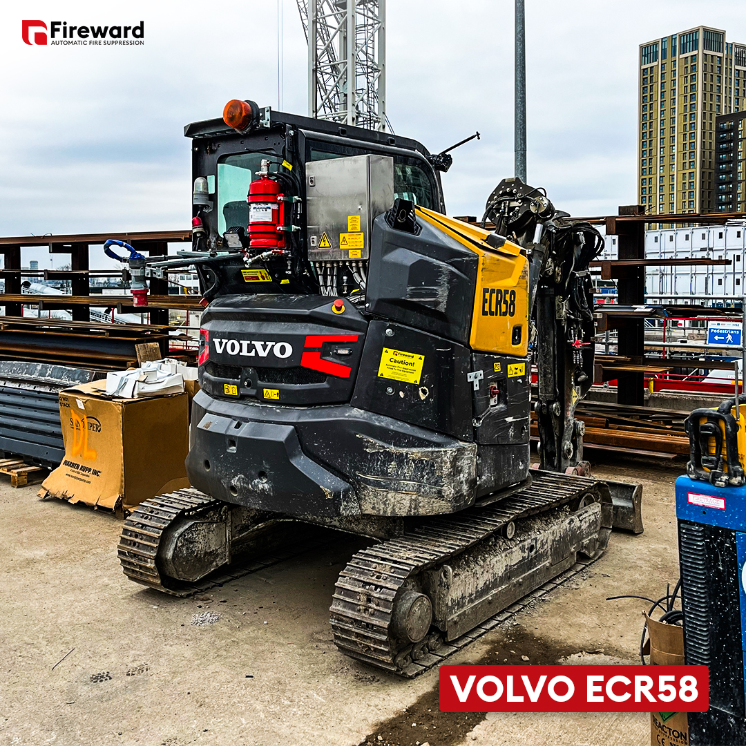 Volvo ECR58 compact excavator fitted with vehicle fire suppression